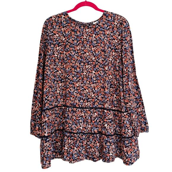 J Jill Floral Blouse Tiered Tunic Boho Cottage Smocked Long Sleeve Womens Large - Picture 1 of 8